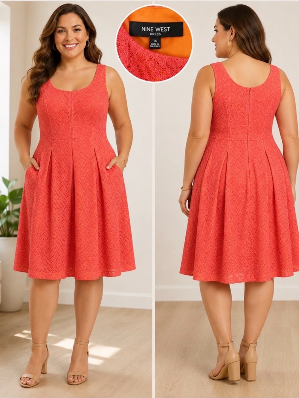 Nine West Dress 14 Coral Crochet Lace Orange Lined Fit & Flare Pockets Wedding